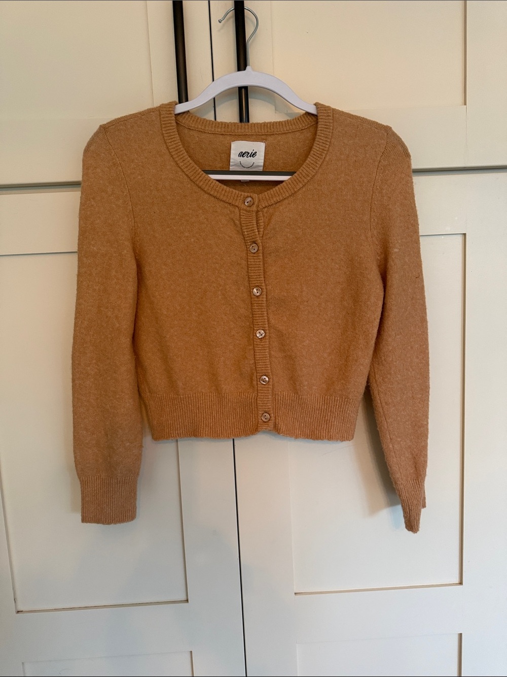 aerie Cropped Button-Front Cardigan in Camel